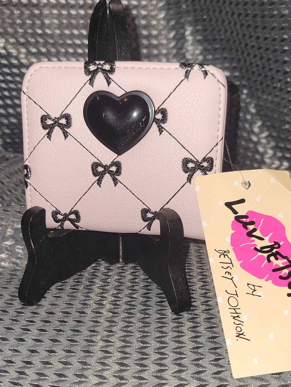 Betsey Johnson Pink Quilted Bow Wallet with Black Heart